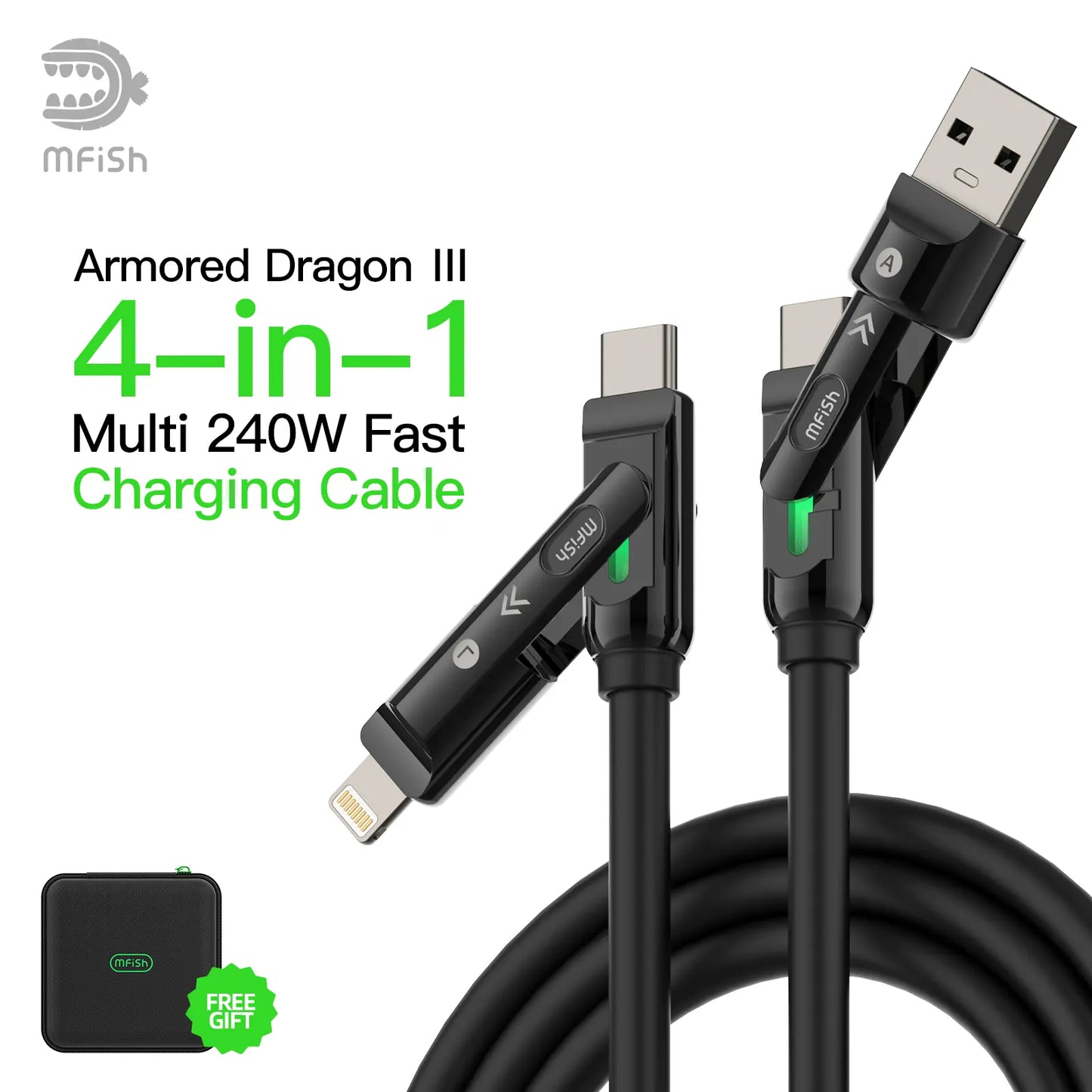 Mfish Armored Dragon I 4-In-1 Multi 240W Fast Charging Super Liquid Silicone Cable with USB a Type C Lightning for Iphone17&Samsung Laptops Charger
