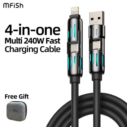 Mfish Armored Dragon I 4-In-1 Multi 240W Fast Charging Super Liquid Silicone Cable with USB a Type C Lightning for Iphone17&Samsung Laptops Charger