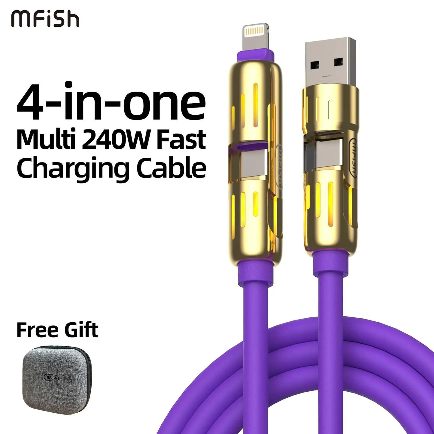 Mfish Armored Dragon I 4-In-1 Multi 240W Fast Charging Super Liquid Silicone Cable with USB a Type C Lightning for Iphone17&Samsung Laptops Charger