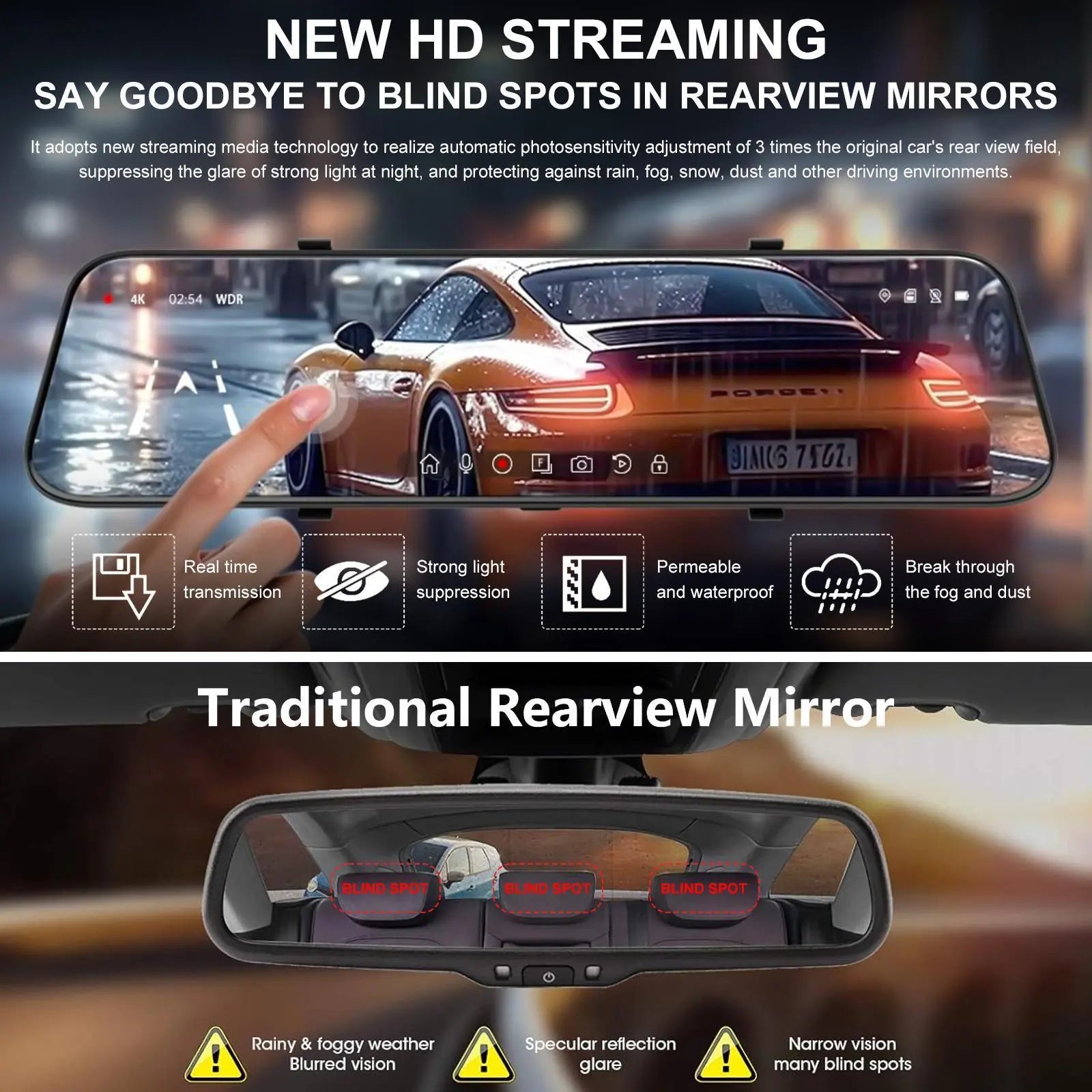 10 Inch Rearview Mirror Dash Camera, 1080P Full HD Front & Rear Dash Cam, Touch Screen Car Backup Camera with Night Vision, Parking Assistance