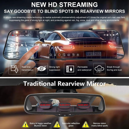 10 Inch Rearview Mirror Dash Camera, 1080P Full HD Front & Rear Dash Cam, Touch Screen Car Backup Camera with Night Vision, Parking Assistance