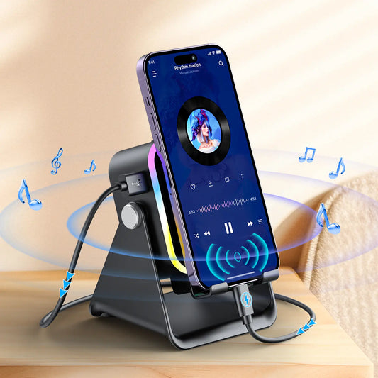 Wireless Induction Audio Speaker Stand, 5In1 Cellphone Holder, 3500Mah Rechargeable Emergency Power Bank,360° Adjustable Mobile Tablet Stand with Colorful Ambient Light Gifts for Men Women Mothersdaygift Summervibes