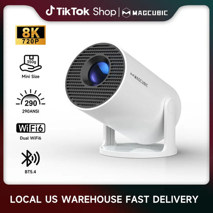 [US Warehouse] Magcubic Hy300Pro Projector 290ANSI Android 14.0 Dual Wifi6 8K 4K Decode Auto Keystone Correction Wireless BT5.4 130"Screen 1280*720P Built-In Speaker Allwinner H726 180° Rotatable Mini Portable Home Cinema Outdoor Audio Gift