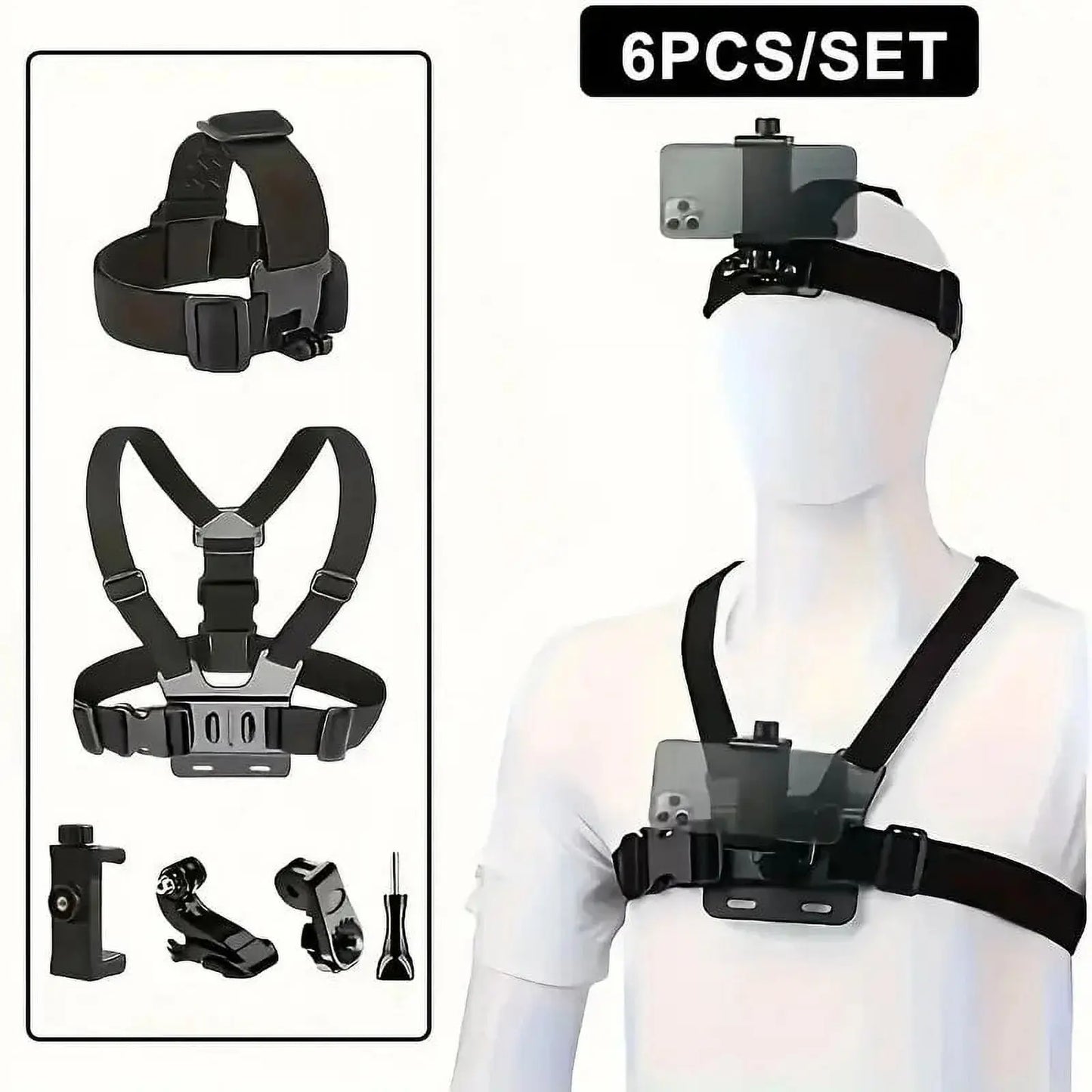 6Pcs/Set Hands-Free Phone Chest Mount Harness Vest & Head Strap Clip Holder Adjustable for POV/VLOG Compatible with Iphone Samsung Gopro Hero DJI Osmo AKASO Action Cameras Summervibes