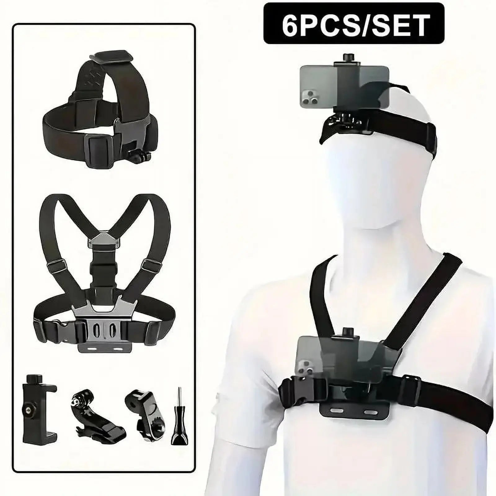 6Pcs/Set Hands-Free Phone Chest Mount Harness Vest & Head Strap Clip Holder Adjustable for POV/VLOG Compatible with Iphone Samsung Gopro Hero DJI Osmo AKASO Action Cameras Summervibes