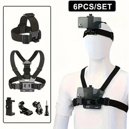 6Pcs/Set Hands-Free Phone Chest Mount Harness Vest & Head Strap Clip Holder Adjustable for POV/VLOG Compatible with Iphone Samsung Gopro Hero DJI Osmo AKASO Action Cameras Summervibes