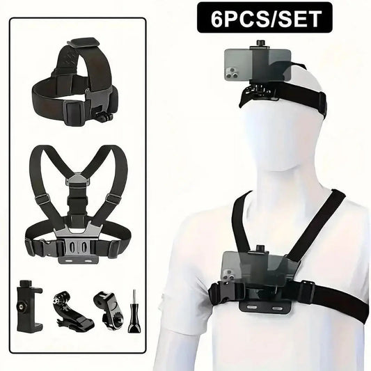 6Pcs/Set Hands-Free Phone Chest Mount Harness Vest & Head Strap Clip Holder Adjustable for POV/VLOG Compatible with Iphone Samsung Gopro Hero DJI Osmo AKASO Action Cameras Summervibes