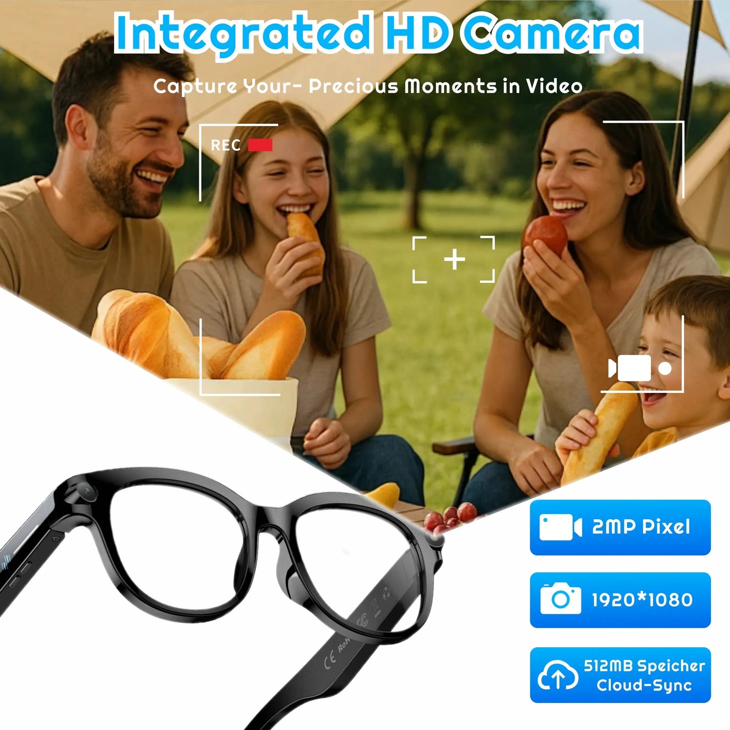 2026 New Intelligent Ai Glasses with Camera, 1080P HD Video Recording, 290Mah Battery, Wireless Call, Voice Assistant, Best Gift, Smart Glasses Camera