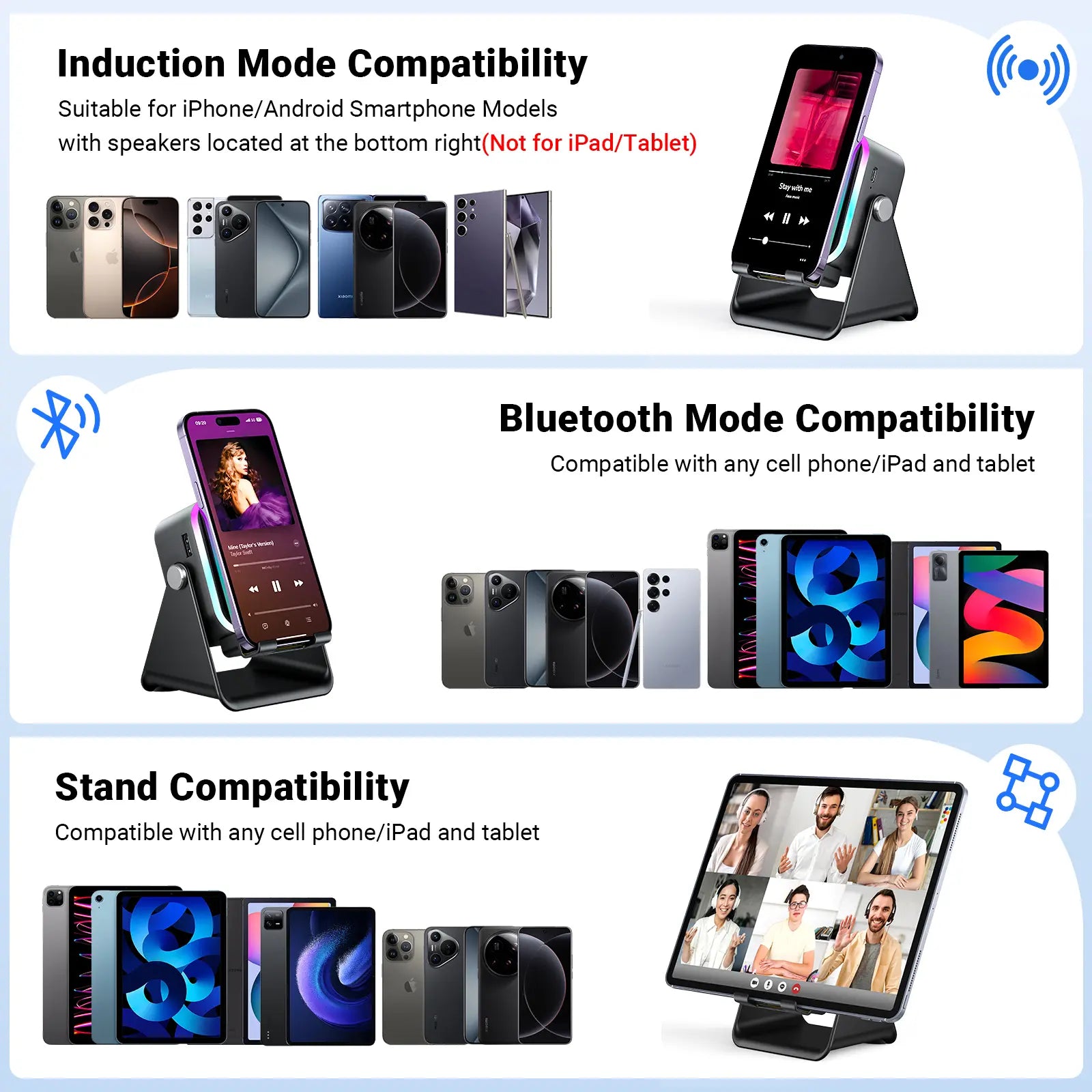 Wireless Induction Audio Speaker Stand, 5In1 Cellphone Holder, 3500Mah Rechargeable Emergency Power Bank,360° Adjustable Mobile Tablet Stand with Colorful Ambient Light Gifts for Men Women Mothersdaygift Summervibes