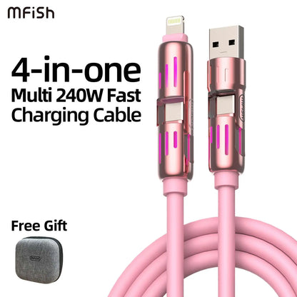 Mfish Armored Dragon I 4-In-1 Multi 240W Fast Charging Super Liquid Silicone Cable with USB a Type C Lightning for Iphone17&Samsung Laptops Charger