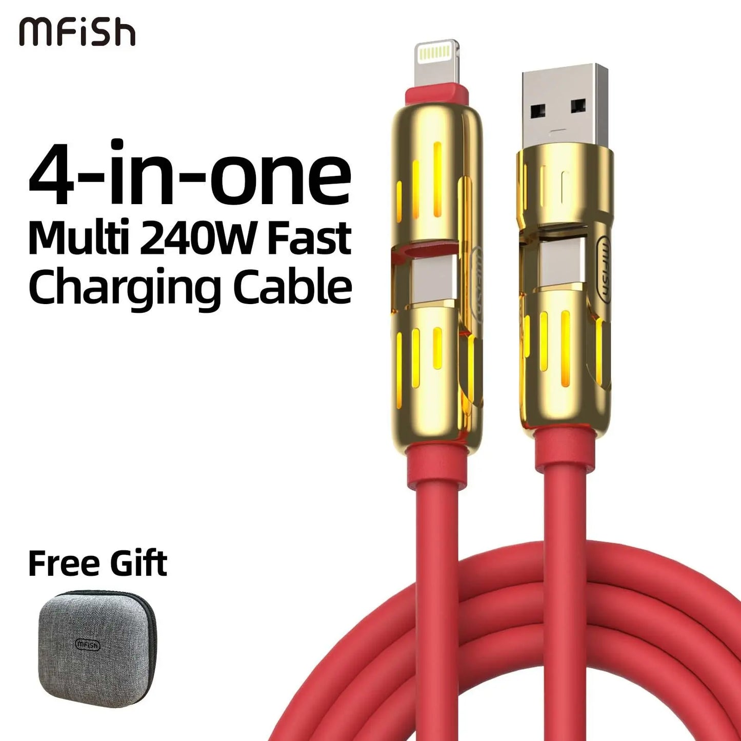 Mfish Armored Dragon I 4-In-1 Multi 240W Fast Charging Super Liquid Silicone Cable with USB a Type C Lightning for Iphone17&Samsung Laptops Charger