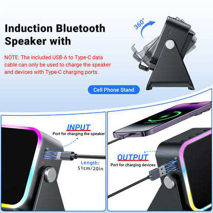 Wireless Induction Audio Speaker Stand, 5In1 Cellphone Holder, 3500Mah Rechargeable Emergency Power Bank,360° Adjustable Mobile Tablet Stand with Colorful Ambient Light Gifts for Men Women Mothersdaygift Summervibes