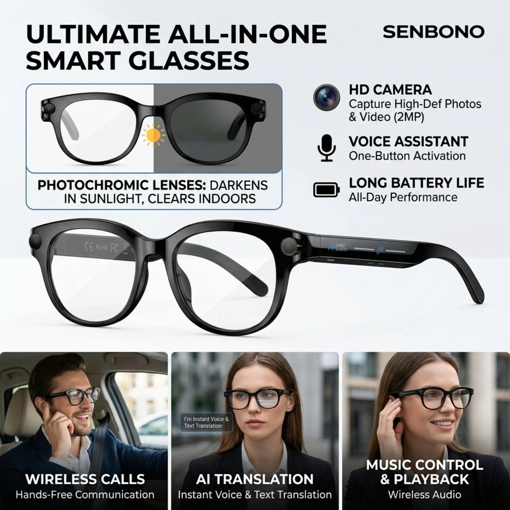 2026 New Intelligent Ai Glasses with Camera, 1080P HD Video Recording, 290Mah Battery, Wireless Call, Voice Assistant, Best Gift, Smart Glasses Camera