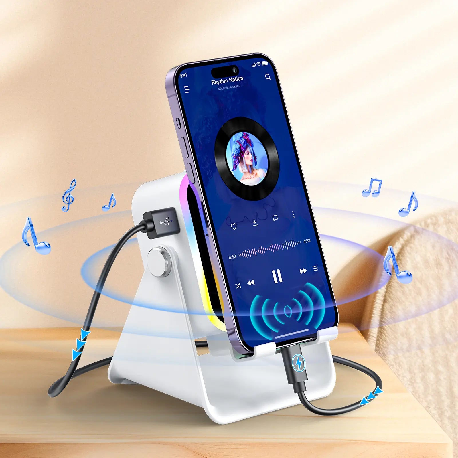 Wireless Induction Audio Speaker Stand, 5In1 Cellphone Holder, 3500Mah Rechargeable Emergency Power Bank,360° Adjustable Mobile Tablet Stand with Colorful Ambient Light Gifts for Men Women Mothersdaygift Summervibes