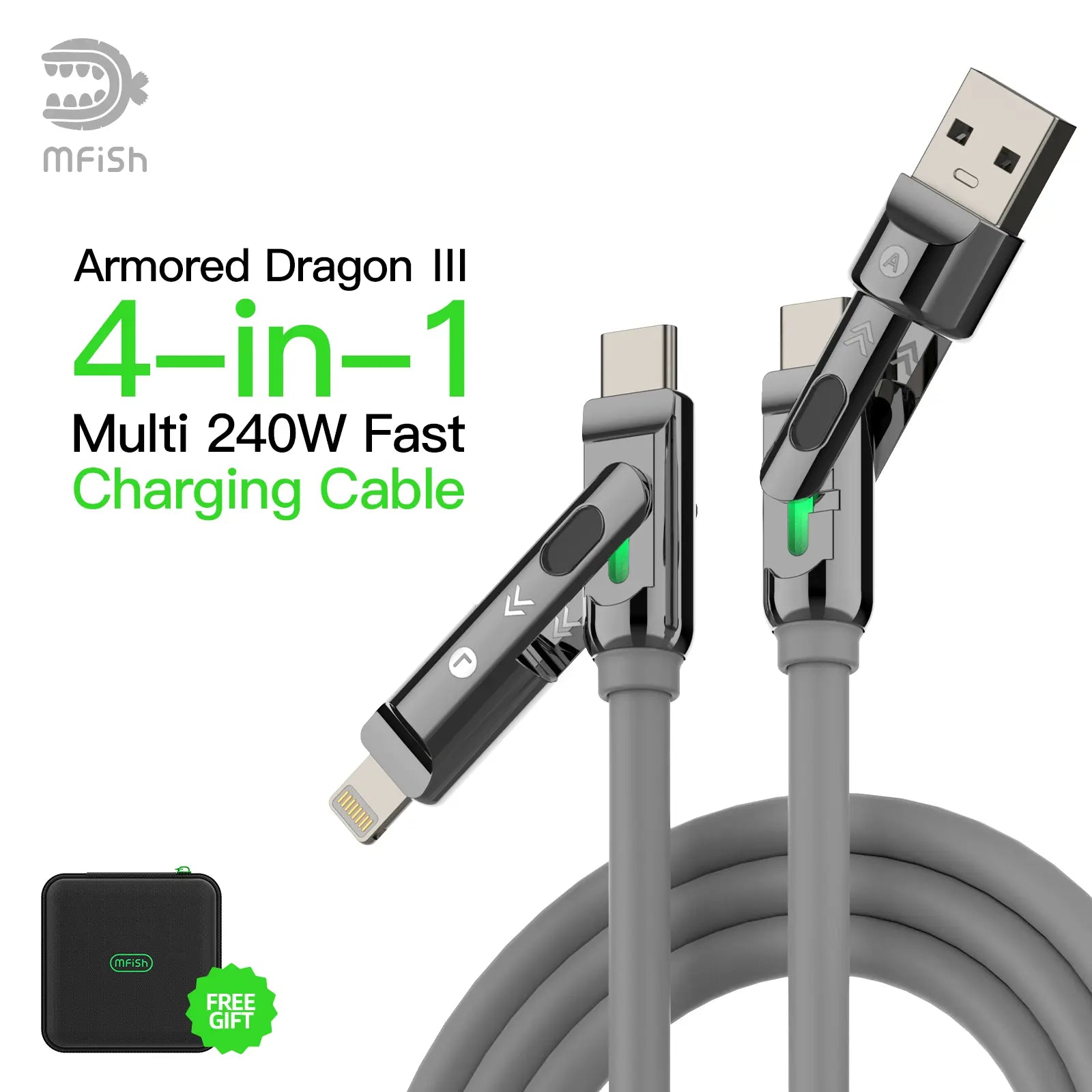 Mfish Armored Dragon I 4-In-1 Multi 240W Fast Charging Super Liquid Silicone Cable with USB a Type C Lightning for Iphone17&Samsung Laptops Charger