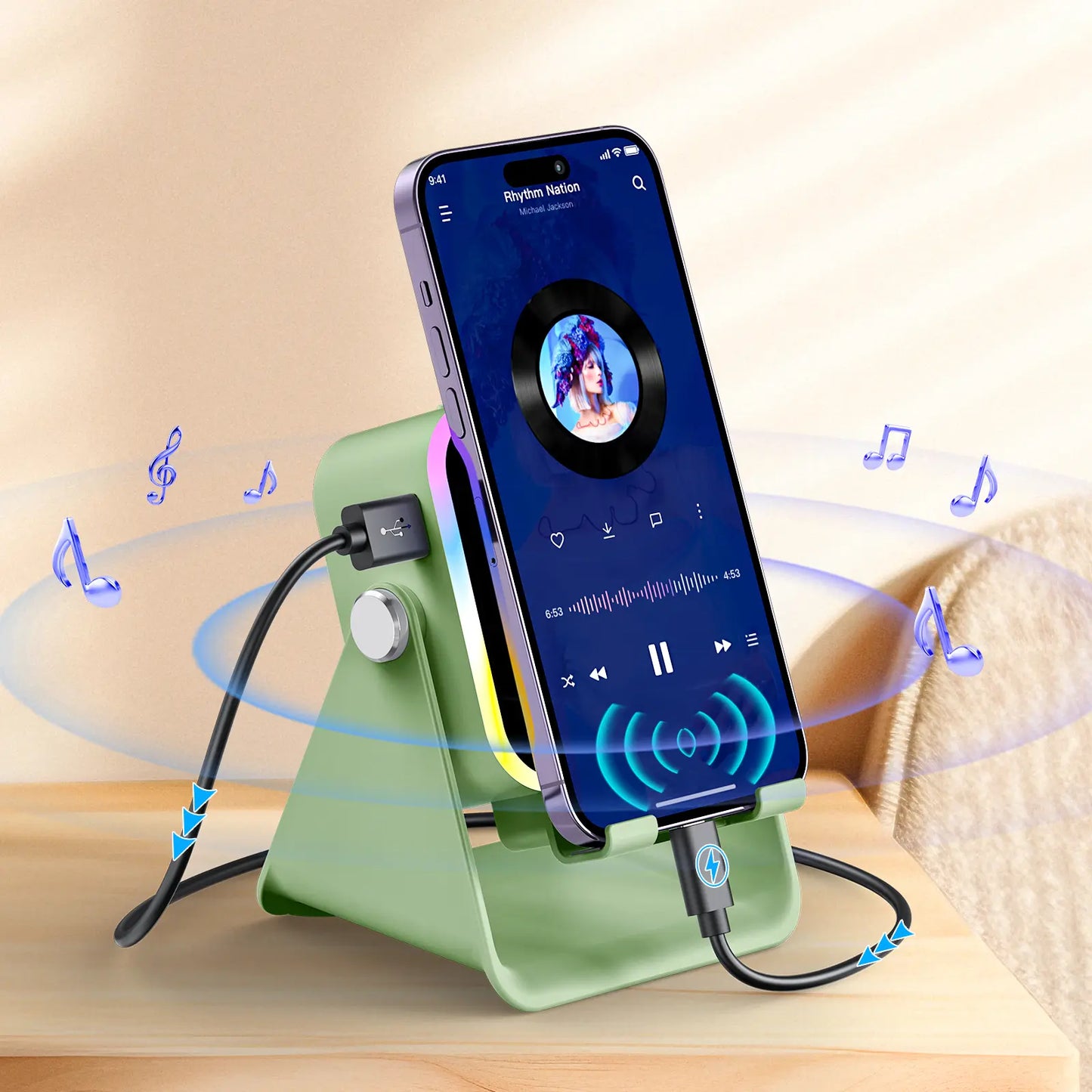 Wireless Induction Audio Speaker Stand, 5In1 Cellphone Holder, 3500Mah Rechargeable Emergency Power Bank,360° Adjustable Mobile Tablet Stand with Colorful Ambient Light Gifts for Men Women Mothersdaygift Summervibes