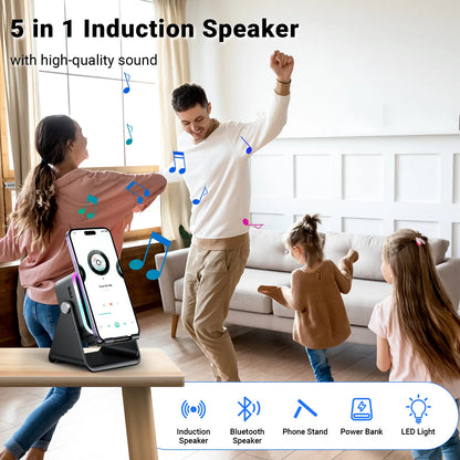 Wireless Induction Audio Speaker Stand, 5In1 Cellphone Holder, 3500Mah Rechargeable Emergency Power Bank,360° Adjustable Mobile Tablet Stand with Colorful Ambient Light Gifts for Men Women Mothersdaygift Summervibes