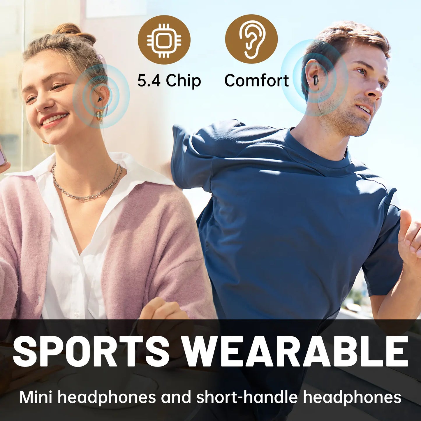 MSHUKCOE Wireless Bluetooth Headphones，Tiny Size Invisible Earbuds，Waterproof Headsets，With Mic，Sleep and Sports Earphones Set, 2 Pairs, Mini and Short Handle Design，For Work Sport Sleeping