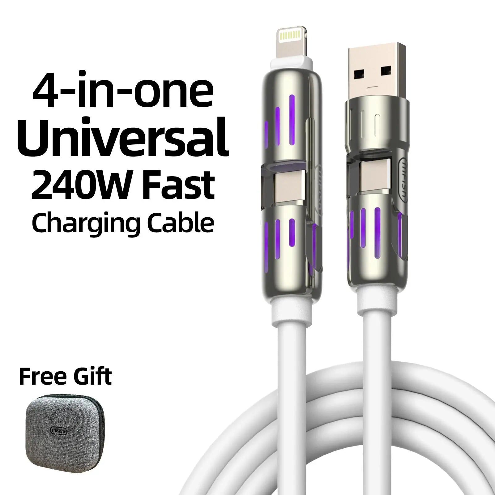 Mfish Armored Dragon I 4-In-1 Multi 240W Fast Charging Super Liquid Silicone Cable with USB a Type C Lightning for Iphone17&Samsung Laptops Charger
