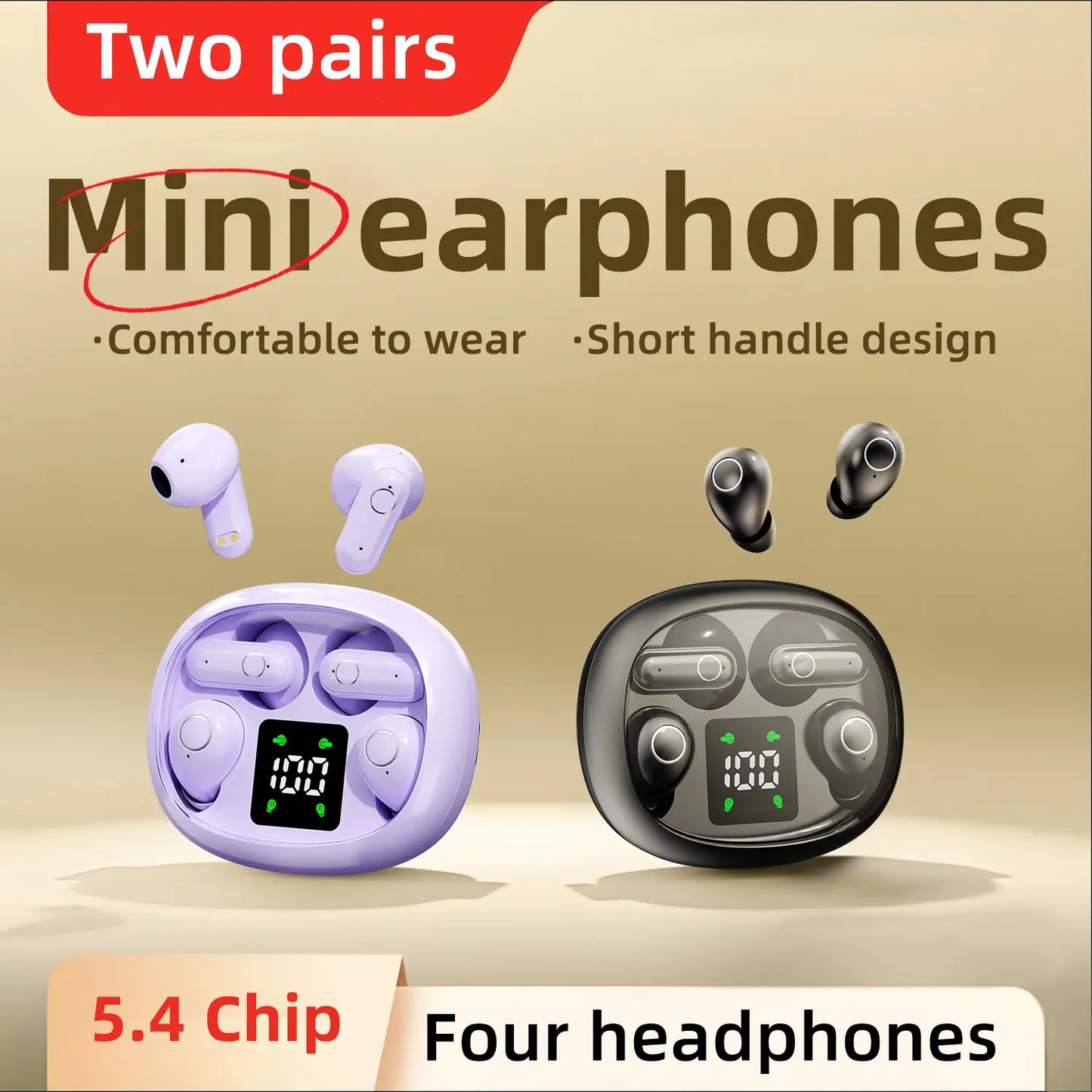 MSHUKCOE Wireless Bluetooth Headphones，Tiny Size Invisible Earbuds，Waterproof Headsets，With Mic，Sleep and Sports Earphones Set, 2 Pairs, Mini and Short Handle Design，For Work Sport Sleeping