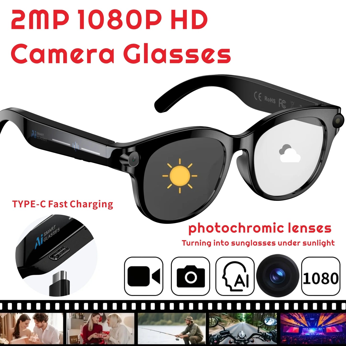 2026 New Intelligent Ai Glasses with Camera, 1080P HD Video Recording, 290Mah Battery, Wireless Call, Voice Assistant, Best Gift, Smart Glasses Camera