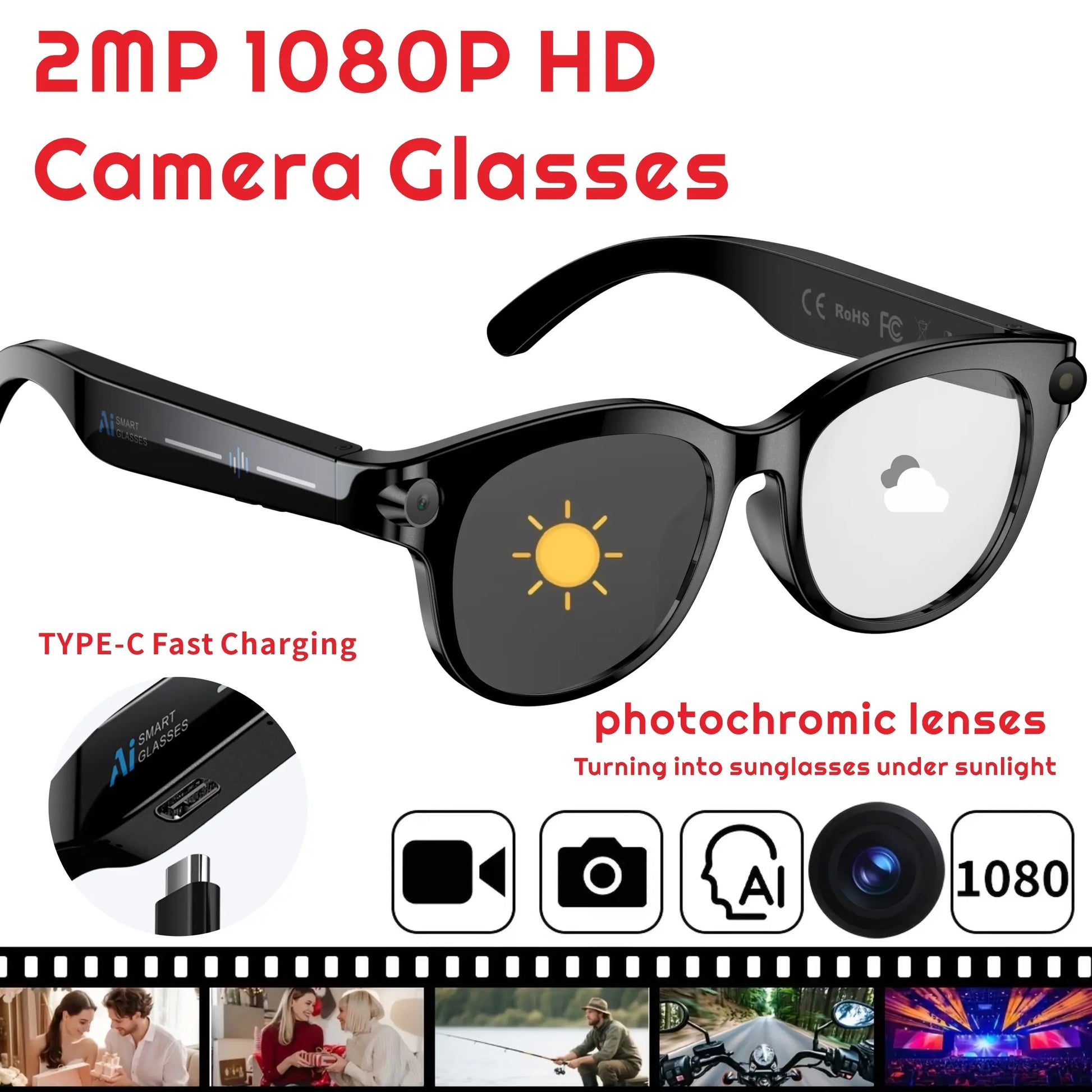 2026 New Intelligent Ai Glasses with Camera, 1080P HD Video Recording, 290Mah Battery, Wireless Call, Voice Assistant, Best Gift, Smart Glasses Camera
